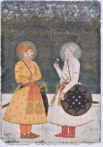 Indian School, 19th century, full length portrait of two noblemen, each with a green nimbus,