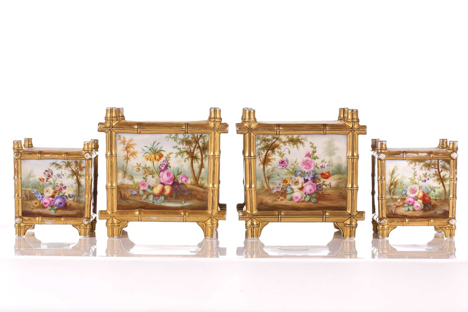 A pair of French painted porcelain square cache pots and stands, together with a pair of larger - Image 8 of 14