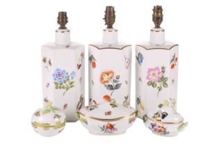Three Herend hexagonal hand-painted table lamps, alongside a Herend miniature tureen and lid, a