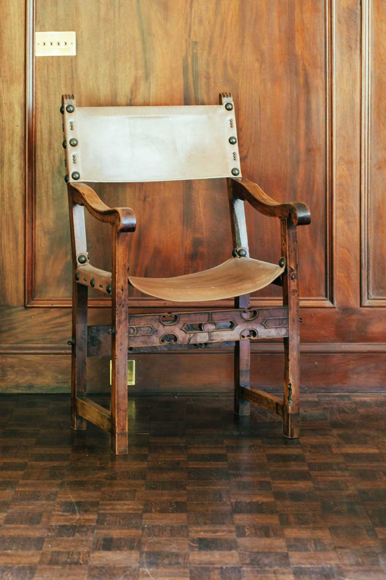 A 17th-century style leather slung open armchair, with pierced and carved front seat rail, 106 cm - Image 3 of 7