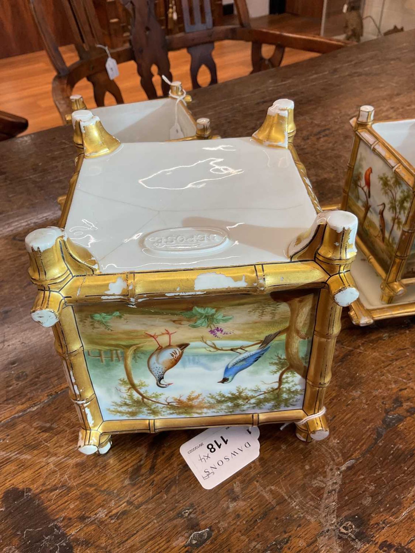 A pair of French painted porcelain square cache pots and stands, together with a pair of larger - Image 11 of 14