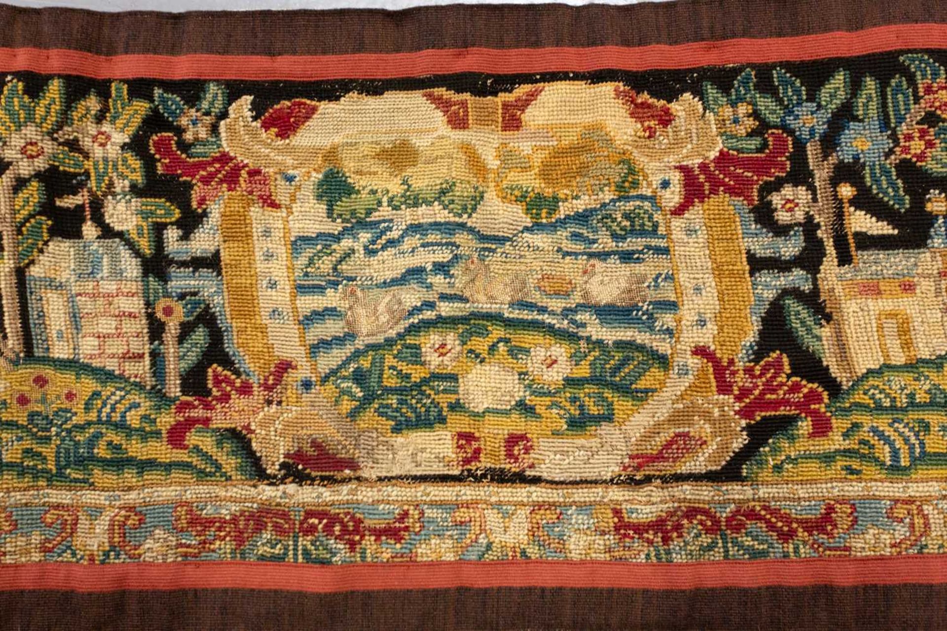 A needlework runner, possibly 18th century and later, the scene in petite and gross point, 120 cm - Image 4 of 11