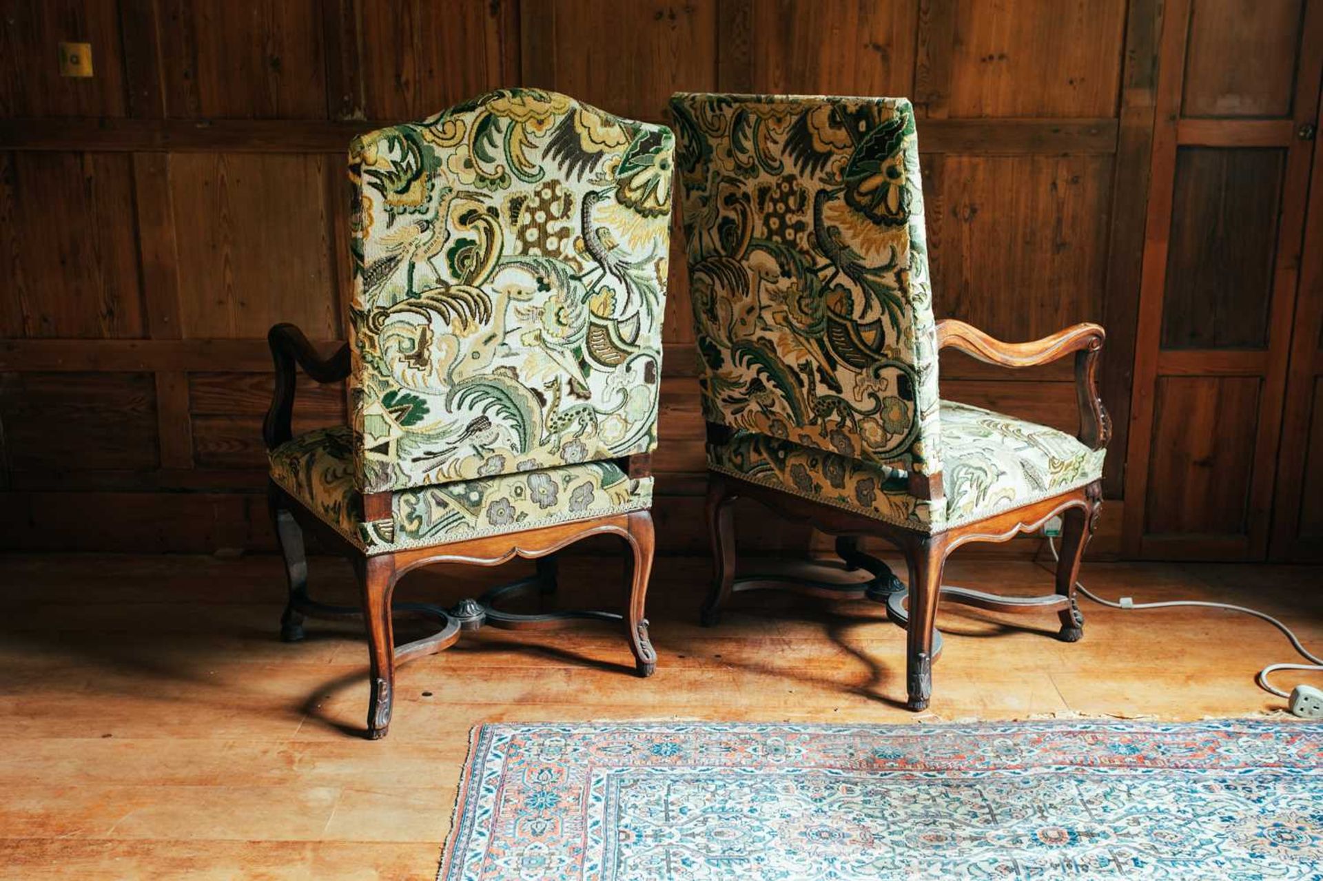 A near pair of 18th-century style French mahogany open armchairs, the upholstered rectangular - Image 2 of 3