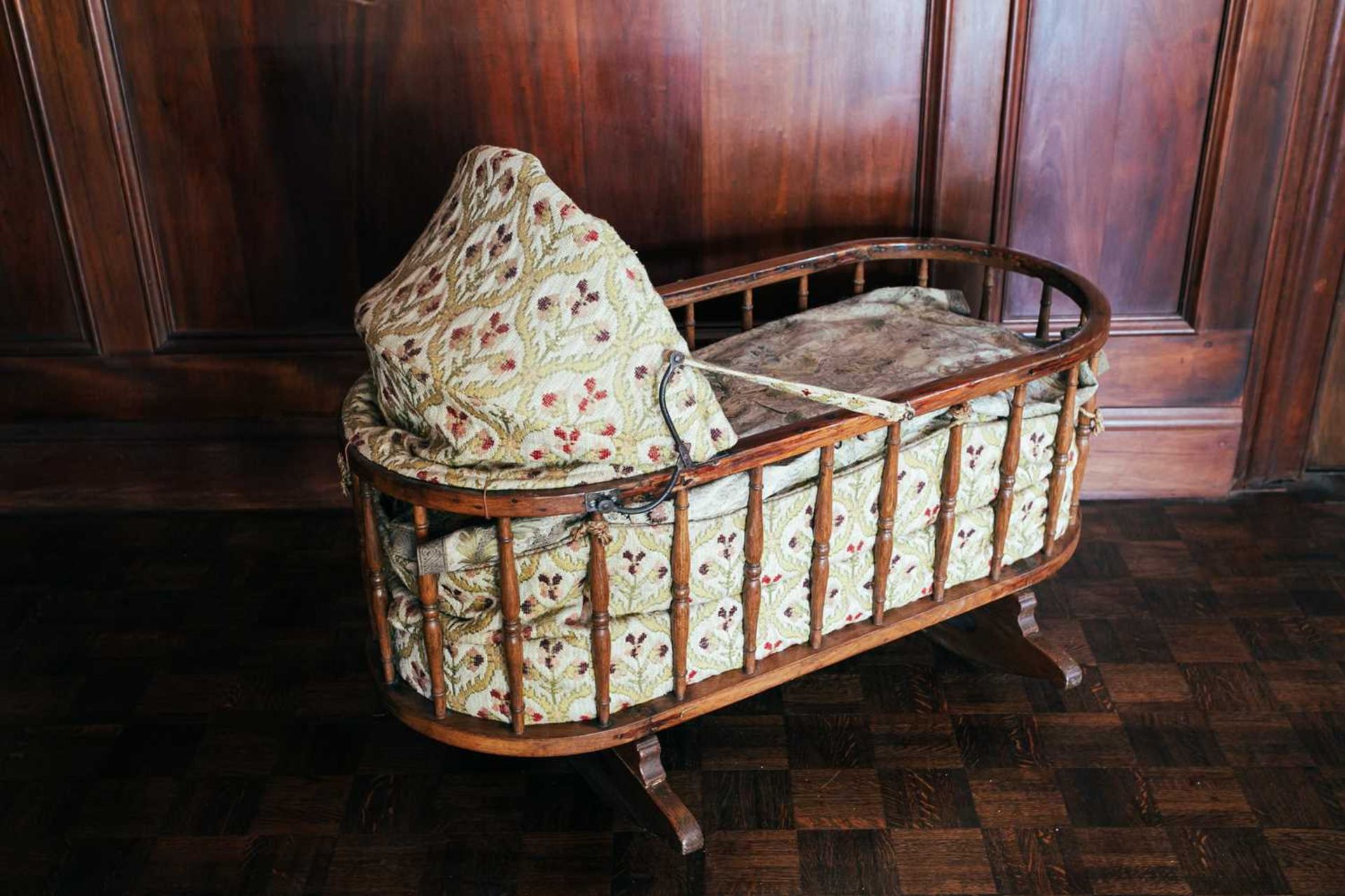 An oak spindle frame child's cot, 19th century, with fitted drapery, 108 cm long x 49 cm wide x 80 - Image 2 of 3