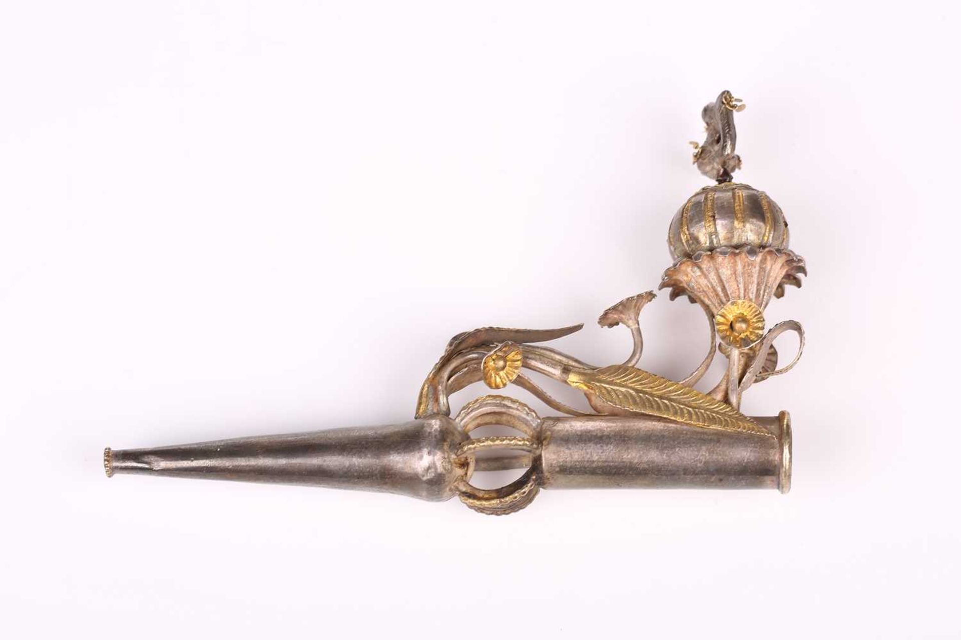 An Indo-Persian white metal opium pipe moth pipe with opium poppy and bird finial and scrolls, 11. - Image 5 of 6