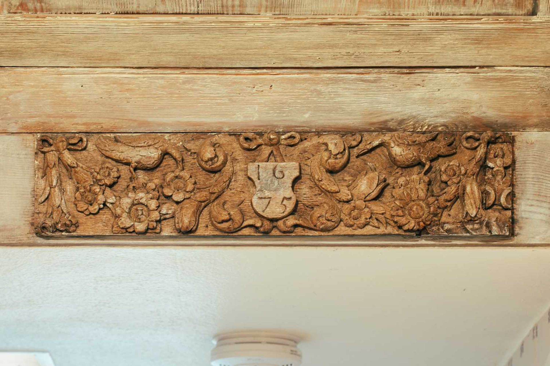 A pair of 17th century oak carved panels, one dated '1675', 13 cm x 61 cm Provenance: The contents - Image 3 of 3