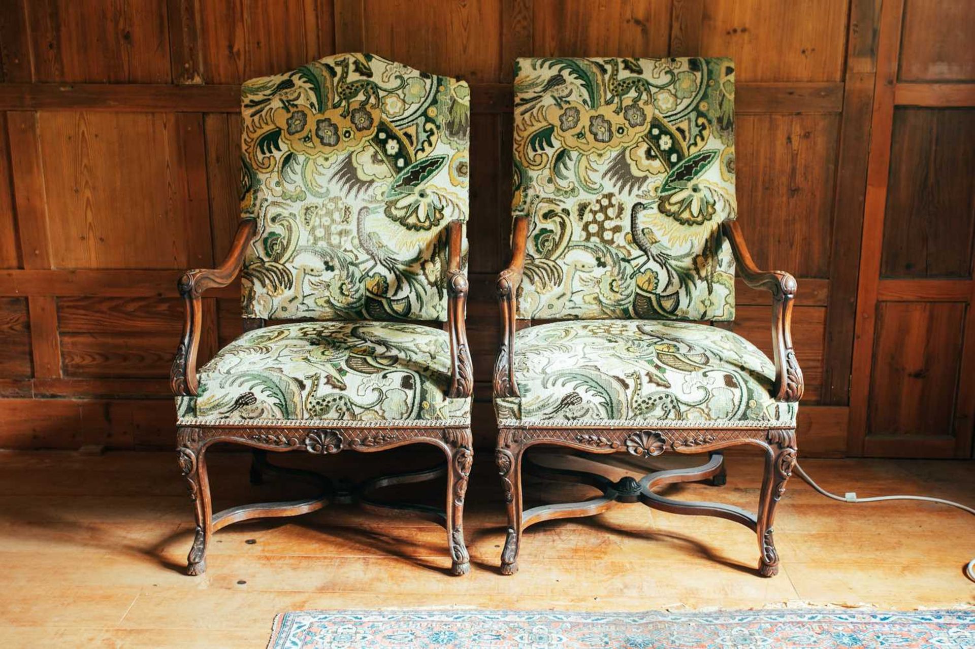 A near pair of 18th-century style French mahogany open armchairs, the upholstered rectangular - Image 3 of 3