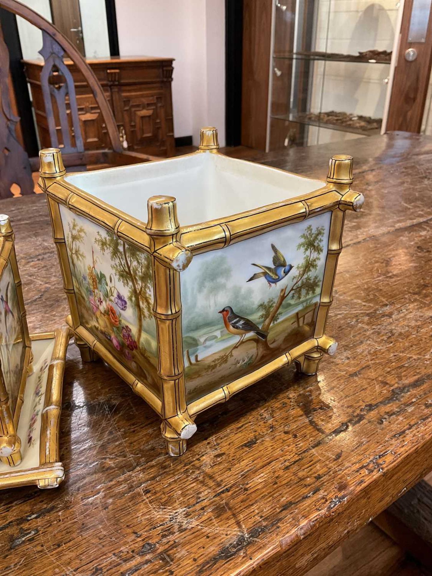 A pair of French painted porcelain square cache pots and stands, together with a pair of larger - Image 13 of 14