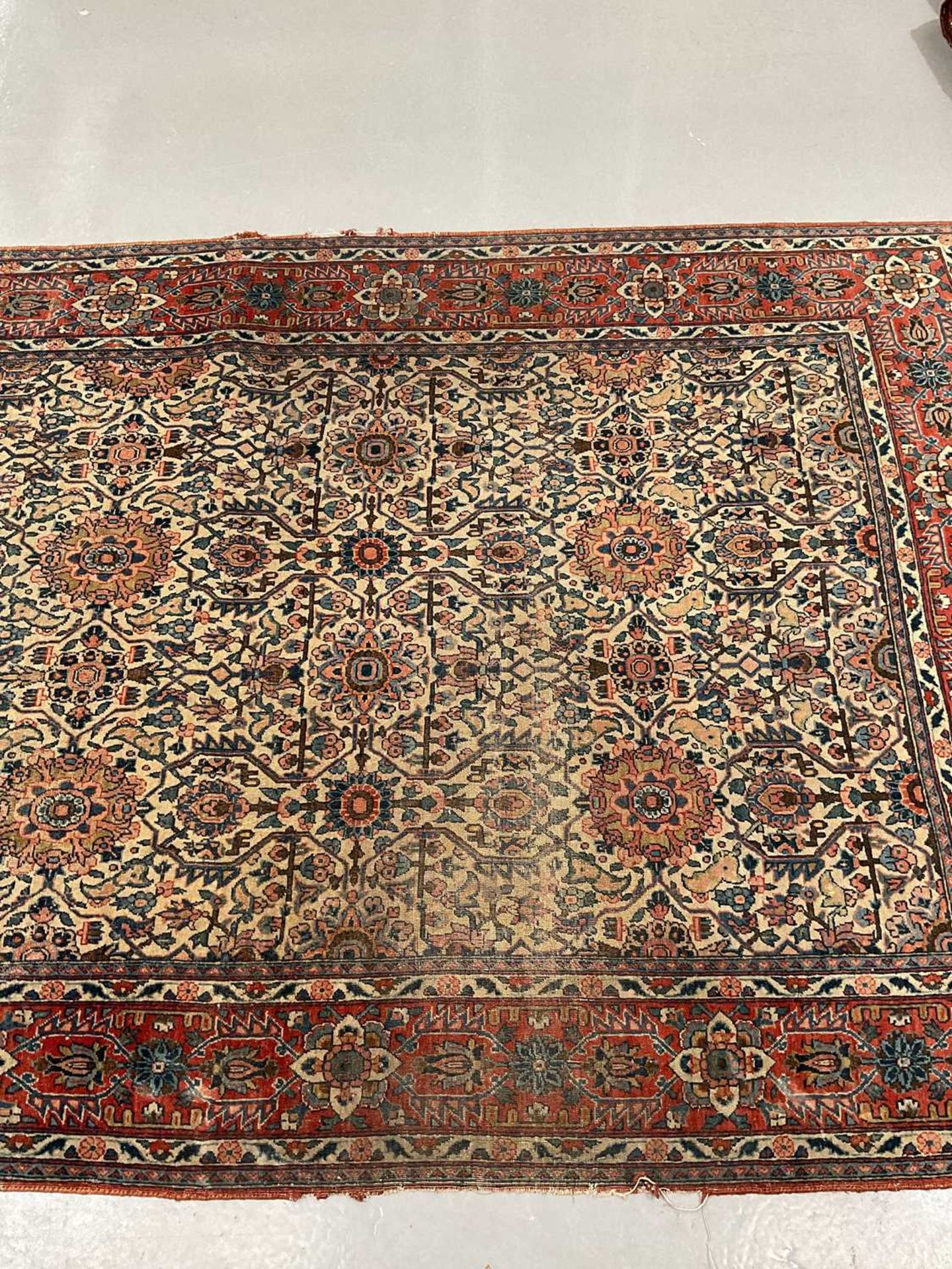 An antique ivory ground Kerman rug with an allover floral design within multiple borders 202 x 137cm - Image 4 of 10