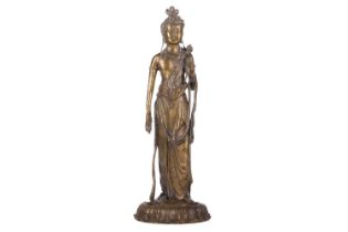 After Takamura Koun, a gilt bronze figure of Kannon with lotus sceptre in the standing teaching