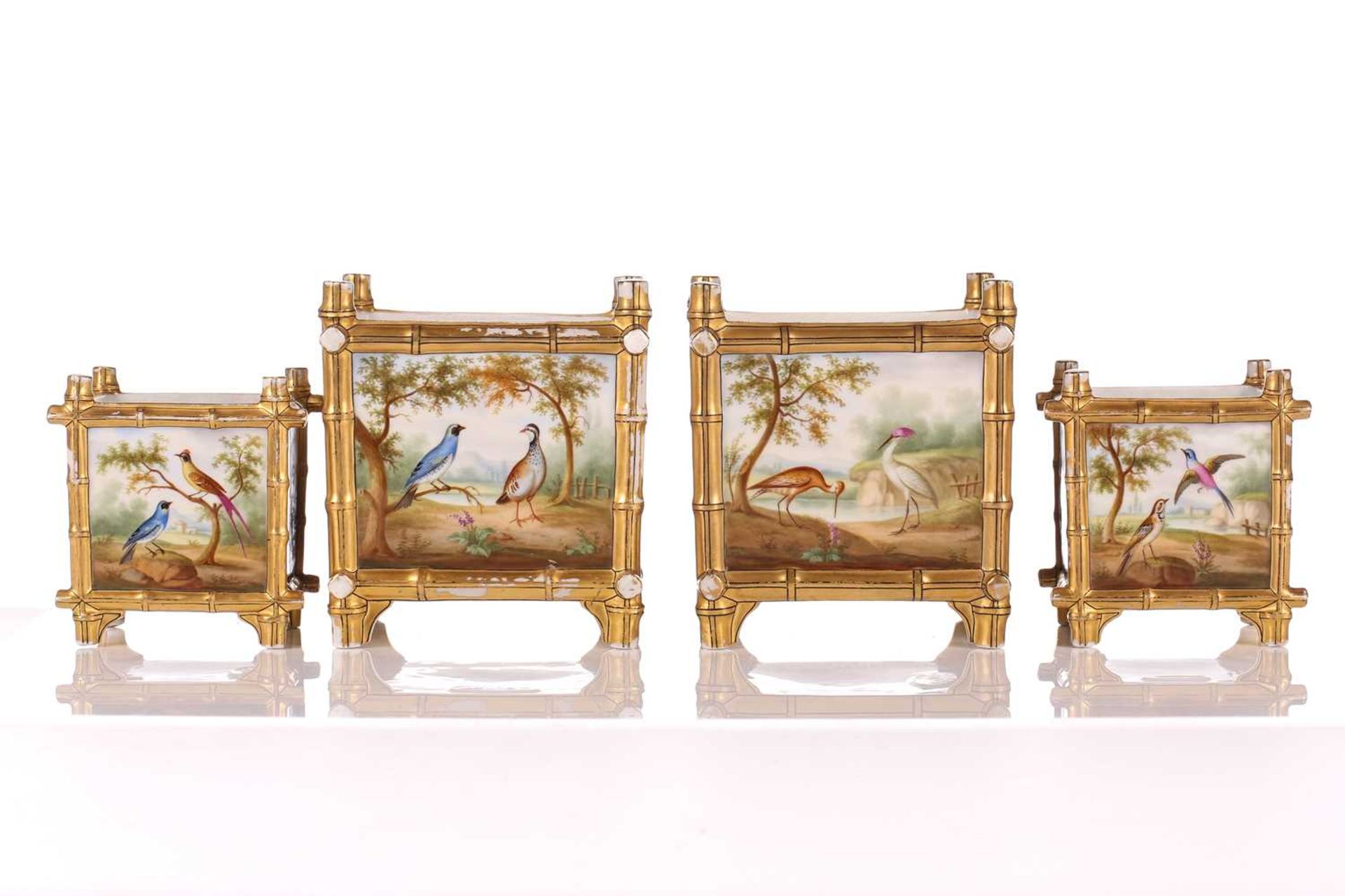 A pair of French painted porcelain square cache pots and stands, together with a pair of larger - Image 2 of 14