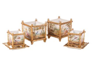 A pair of French painted porcelain square cache pots and stands, together with a pair of larger