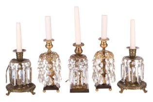 A pair of 19th-century ormolu table lustres with hanging teardrop lustres, with pierced decorative