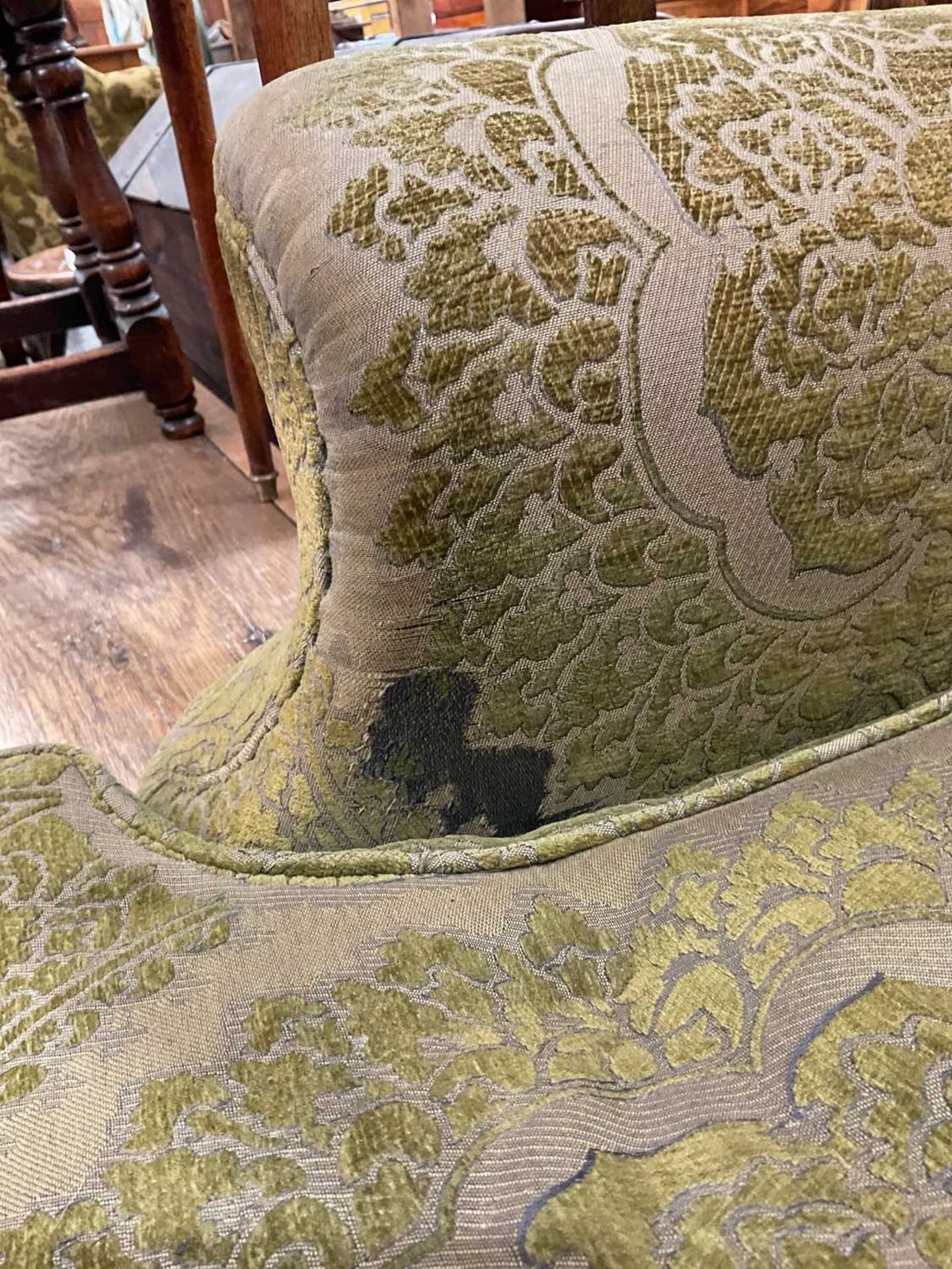 A pair of George III style upholstered wing armchairs, 20th century, green damask upholstered, on - Image 2 of 5