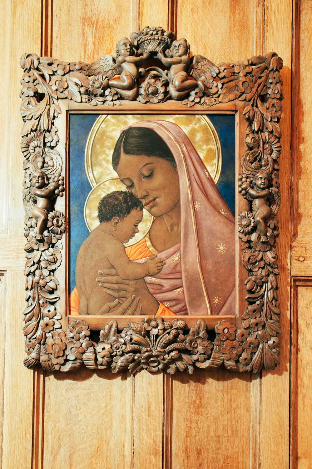 Contemporary School, Black Madonna and Child, acrylic on board, 43 cm x 35 cm (in ornate carved