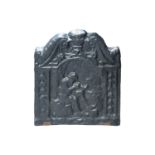 A small cast iron fire back, possibly 18th century, the swan-neck top over a panel depicting a
