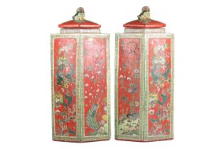 A large pair of Chinese Famile Vert, lozenge section vases and covers, 20th century, each with