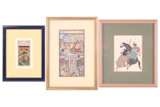 A small collection of Indian Moghul pen ink and watercolour paintings, including a scene of a