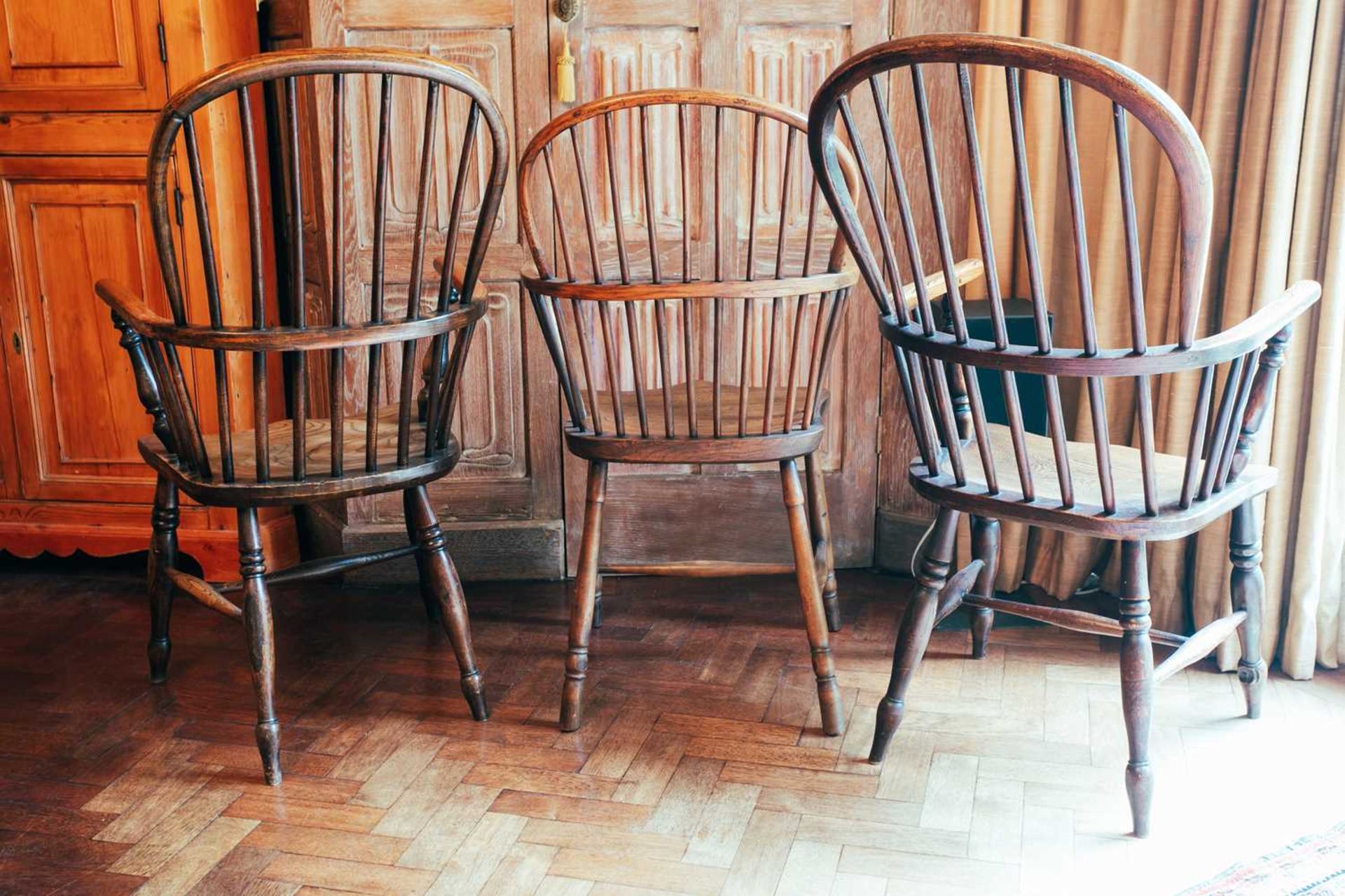 Two similar ash and elm Windsor armchairs, spindle back, baluster turned supports; and another - Image 2 of 2