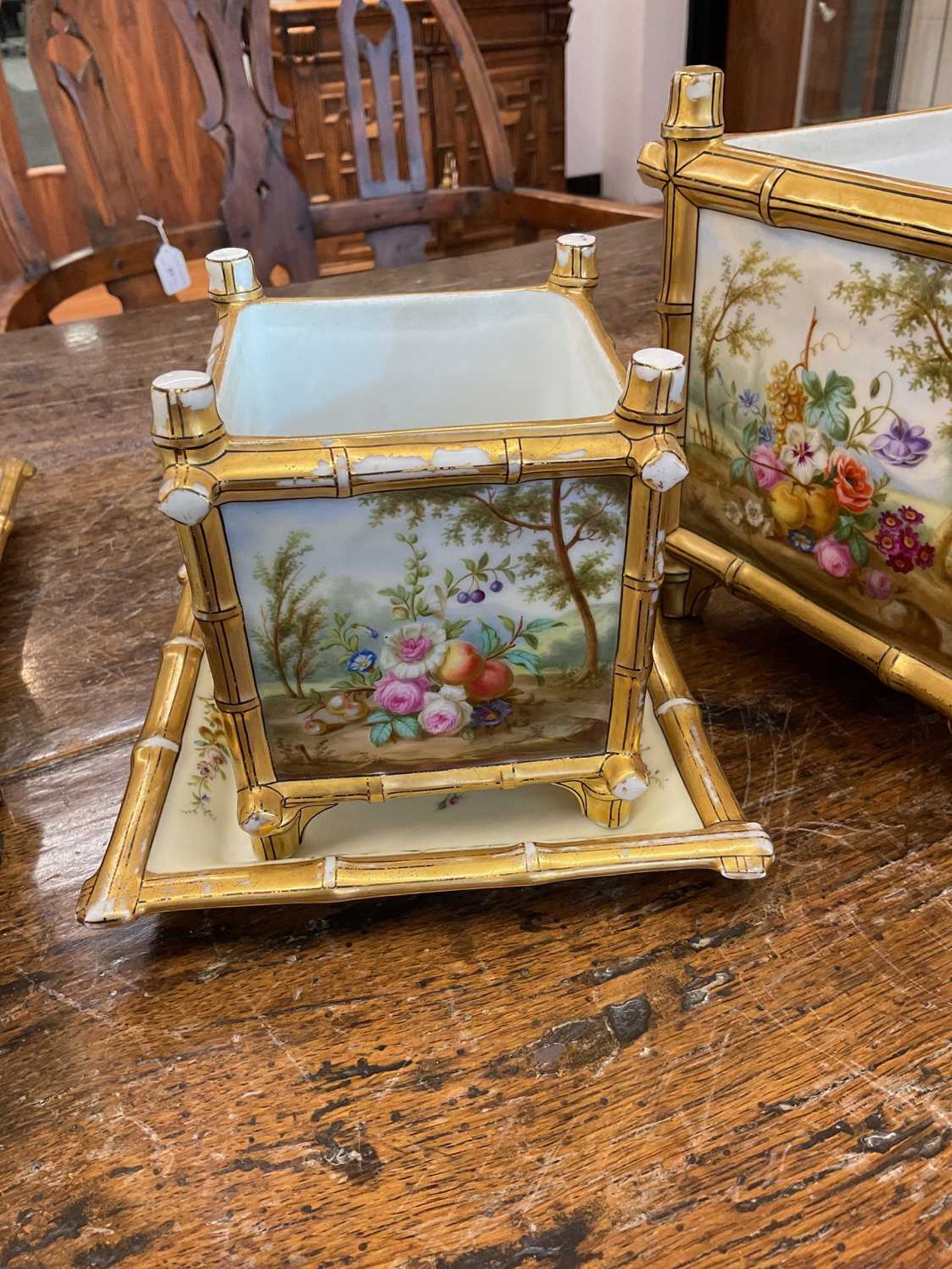 A pair of French painted porcelain square cache pots and stands, together with a pair of larger - Image 12 of 14