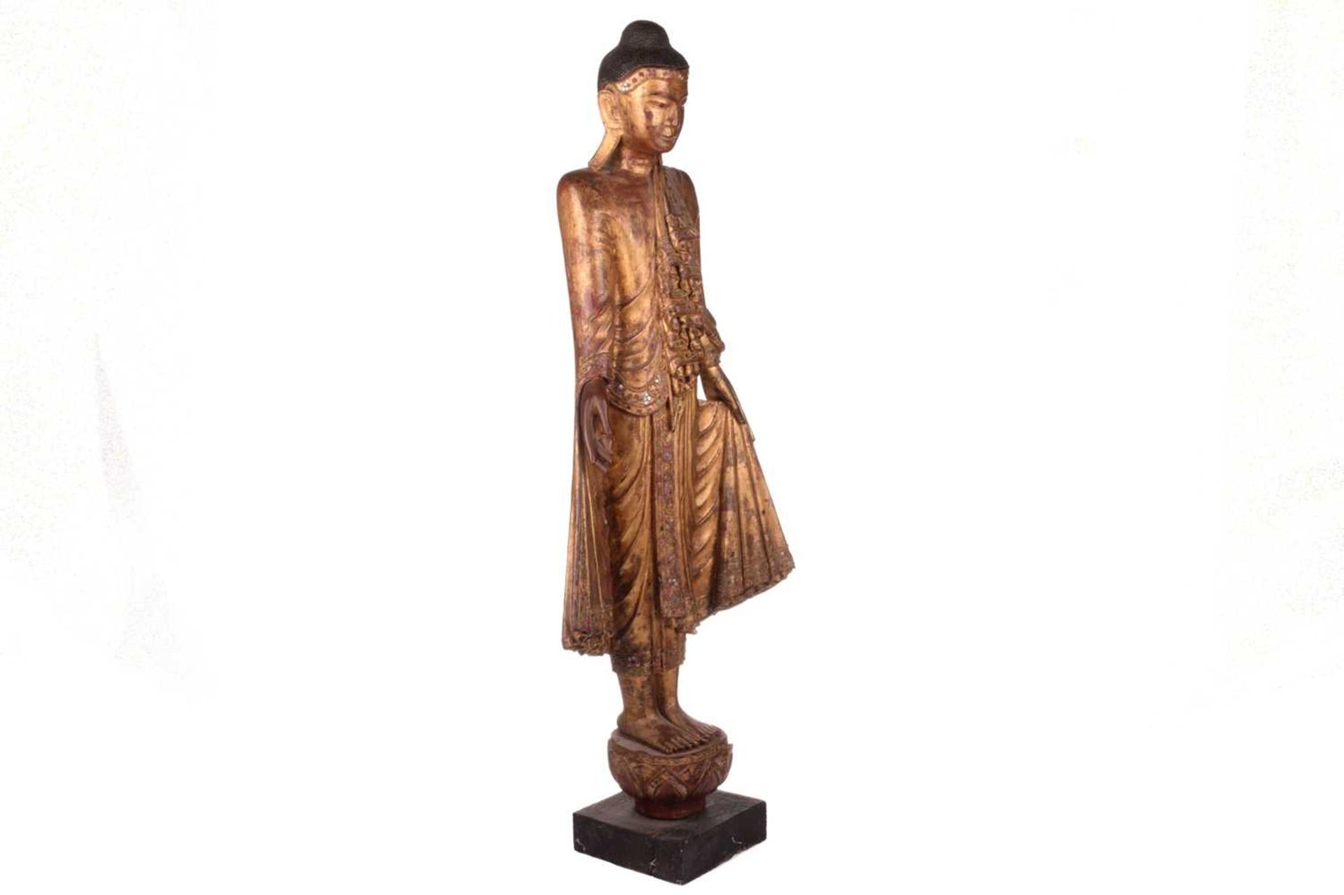 A Burmese carved and gilt wood standing Buddha in varada mudra, 19th century, set with jewels and - Image 6 of 9