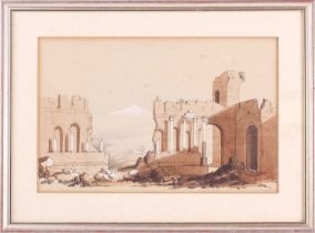 Manner of David Roberts (1796 - 1864), Classical ruins with village beyond, bears a signature,