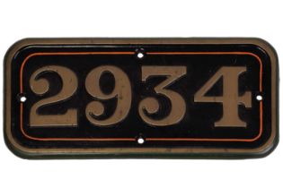 A large cast brass cab side railway locomotive number plate No. 2934, believed from the GWR 4-6-0