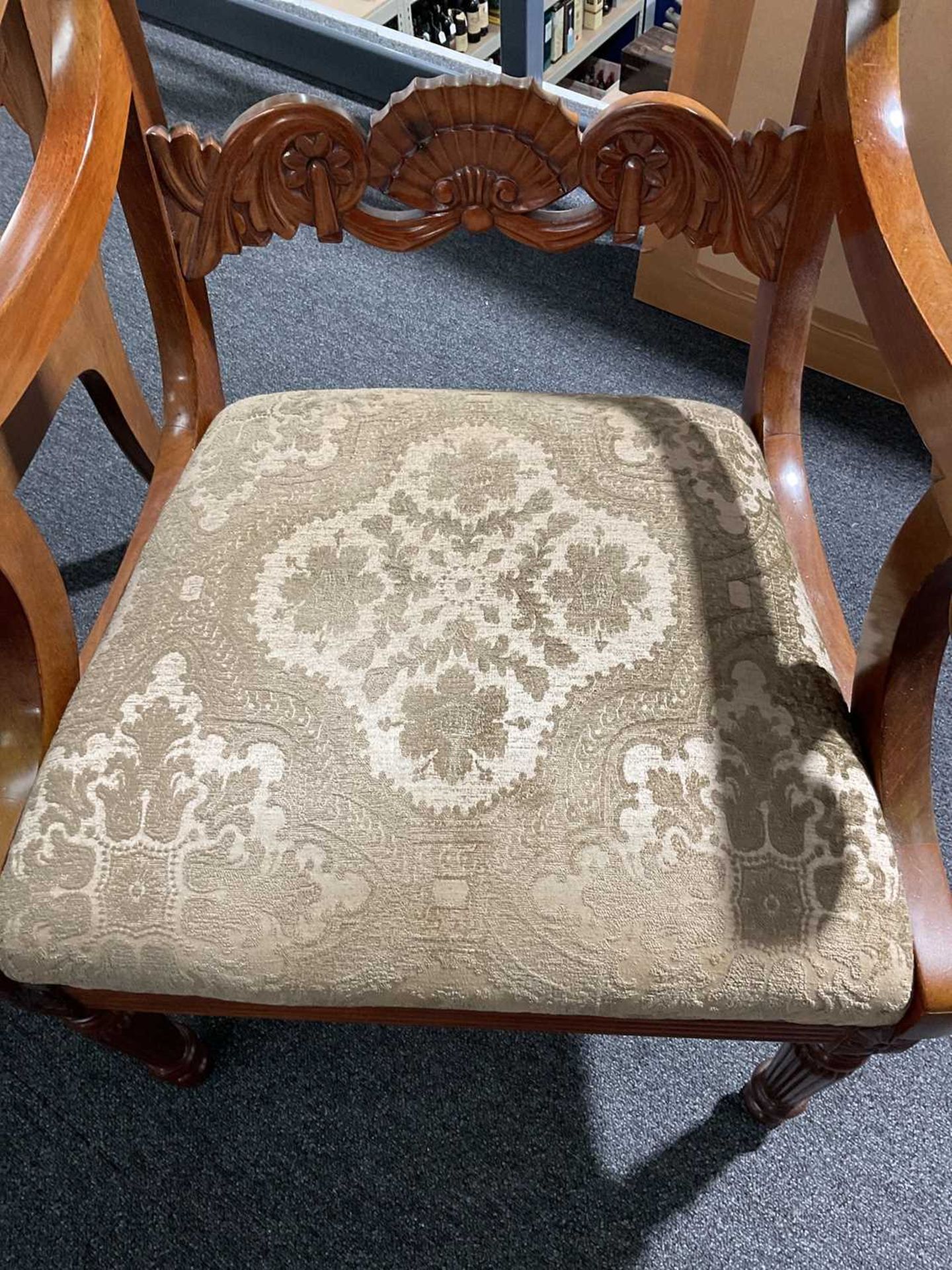 A pair of 19th century Continental mahogany open armchairs, with curved top rails and fan carved mid - Image 9 of 9