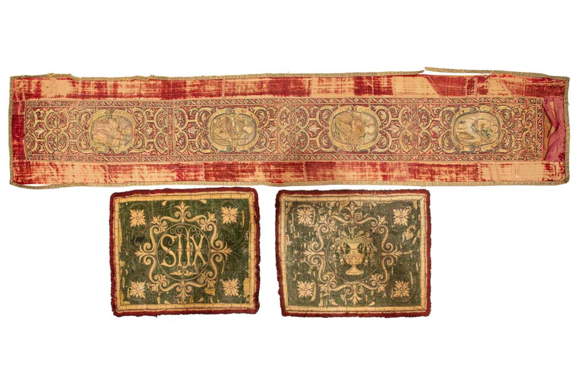 A pair of silk and velvet embroidered altar cloths, probably 18th century, 55 cm x 41 cm, together