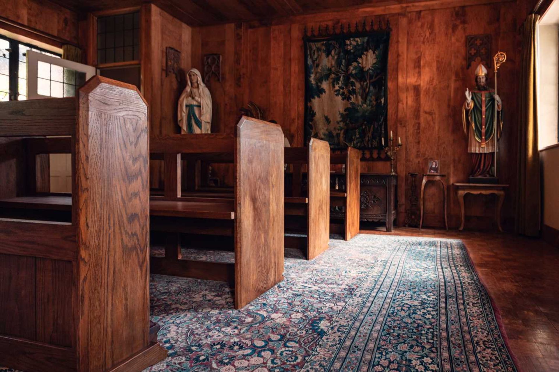 Three stained oak church pews, 20th century, each 85 cm high x 180 cm wide, together with - Image 2 of 3