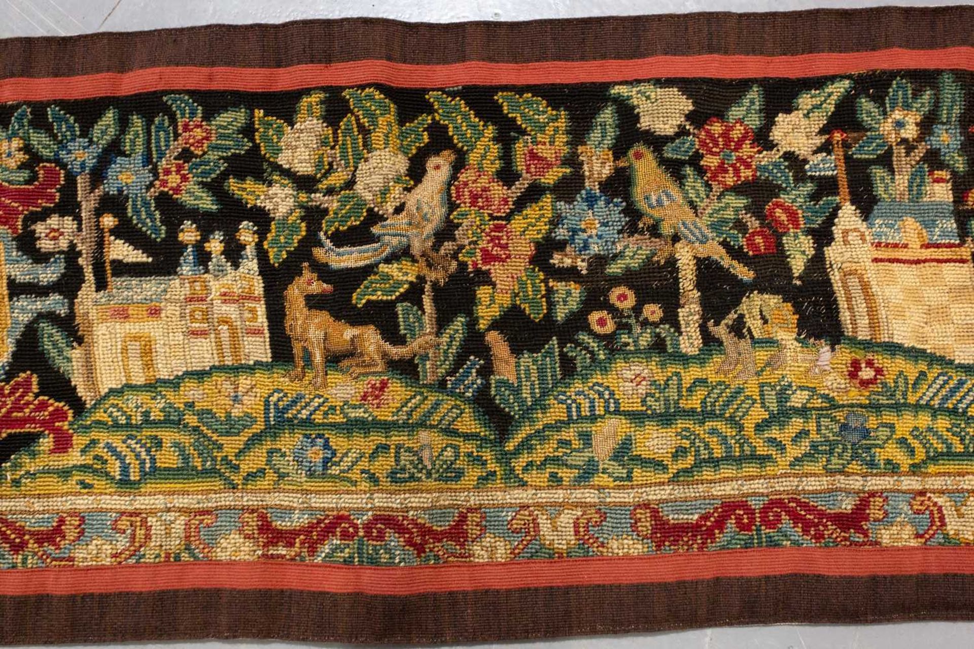 A needlework runner, possibly 18th century and later, the scene in petite and gross point, 120 cm - Image 3 of 11