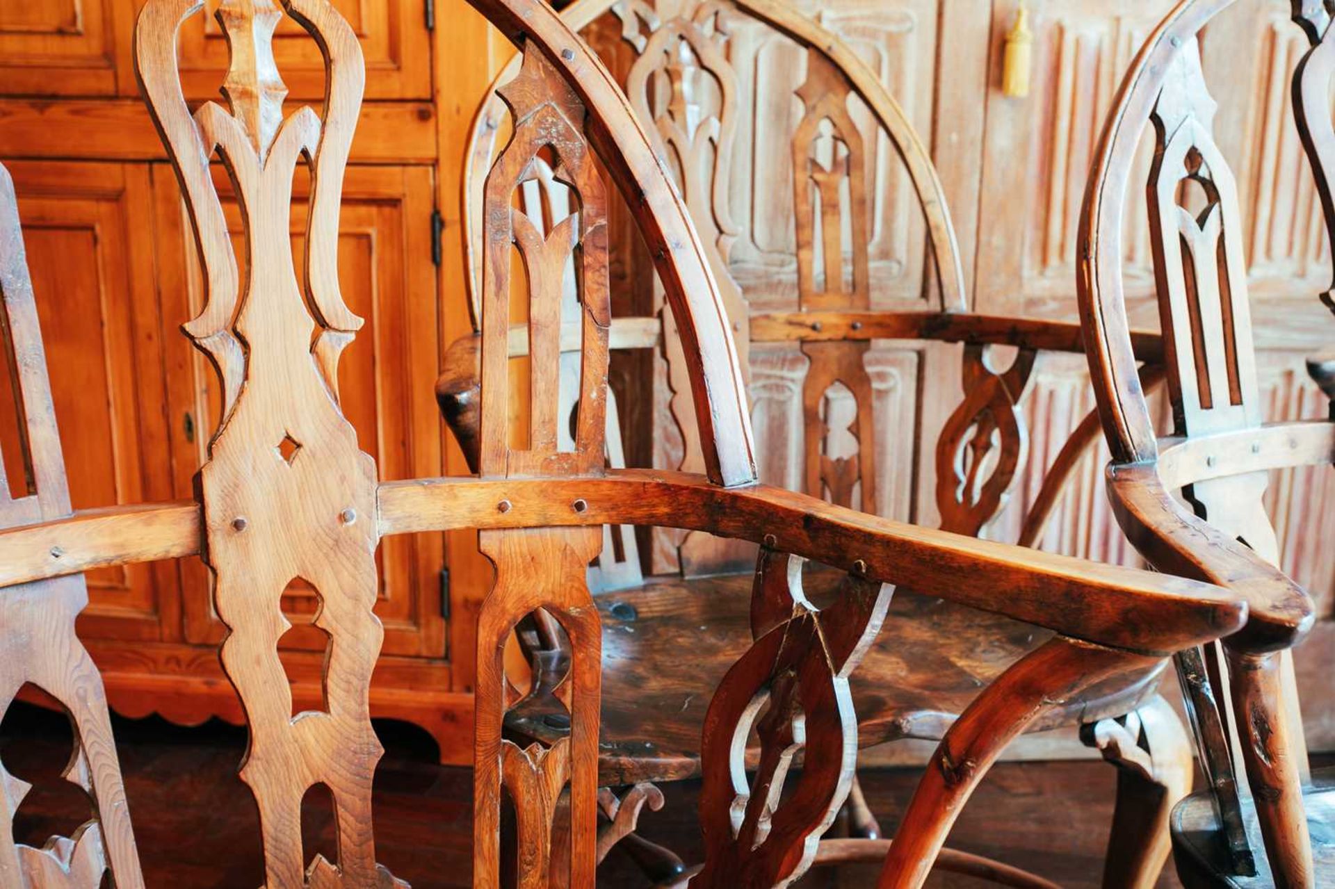 Four 18th-century style Gothic Windsor yew armchairs, probably 19th century, on cabriole front - Image 2 of 9