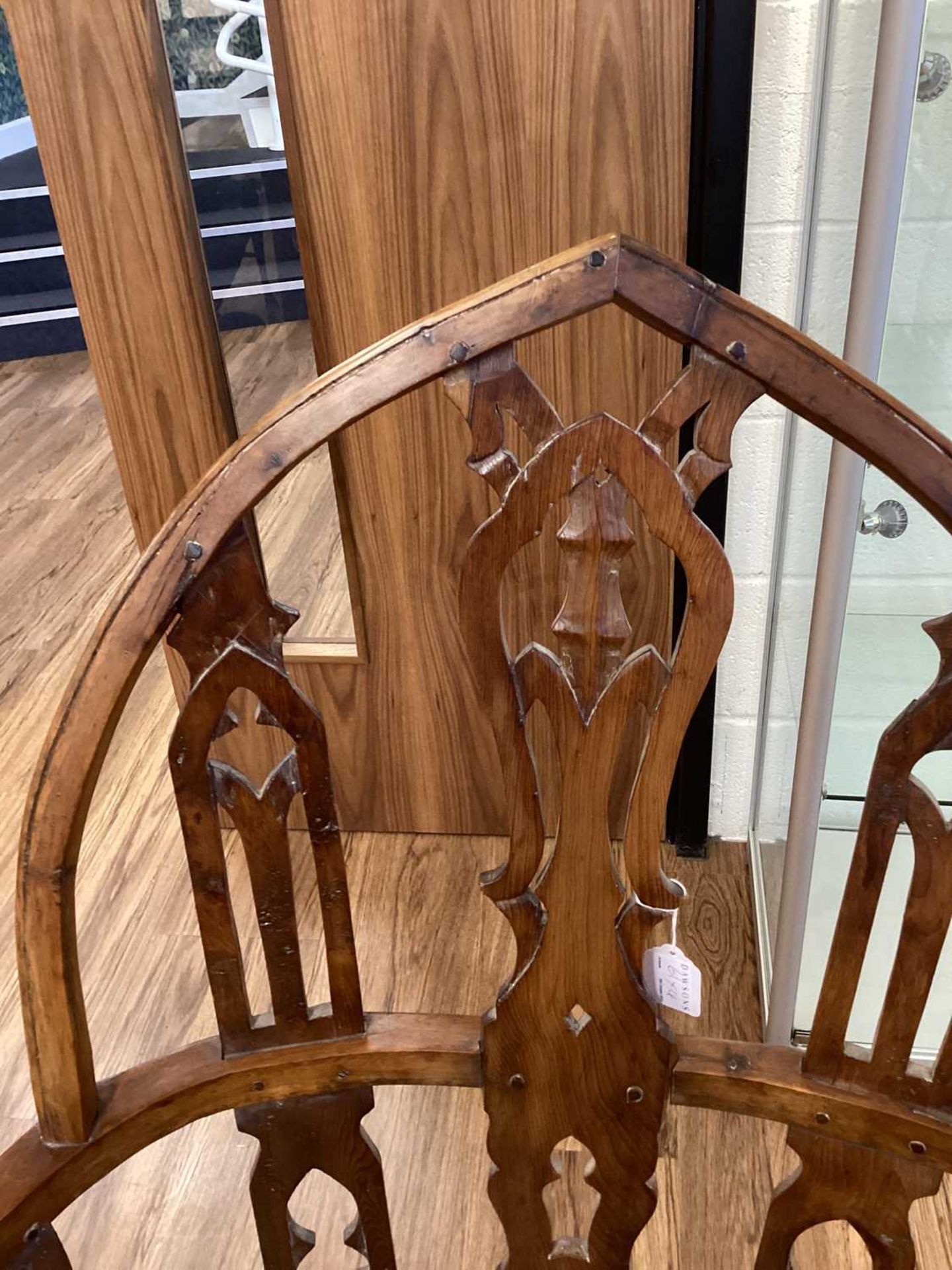 Four 18th-century style Gothic Windsor yew armchairs, probably 19th century, on cabriole front - Image 5 of 9