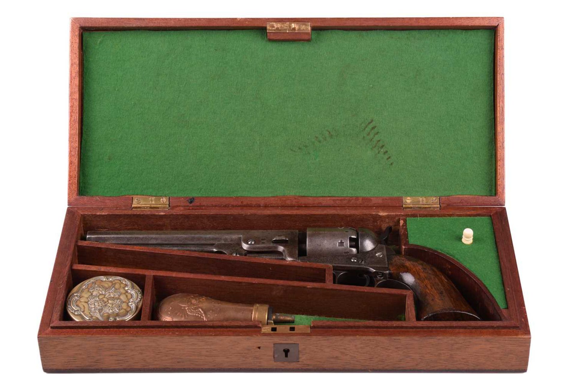 A cased London-made Colt 1851 Navy pattern single action. 36 calibre percussion revolver, serial