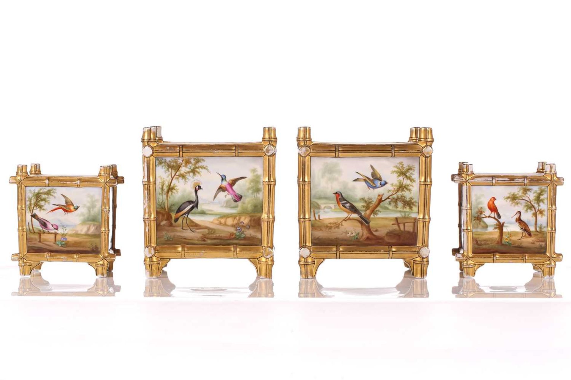 A pair of French painted porcelain square cache pots and stands, together with a pair of larger - Image 9 of 14