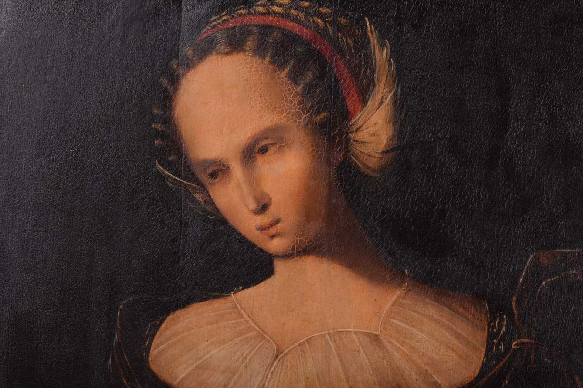 French school, possibly sixteenth century, Lucretia with a dagger, unsigned, oil on panel, 61cm x - Image 2 of 14