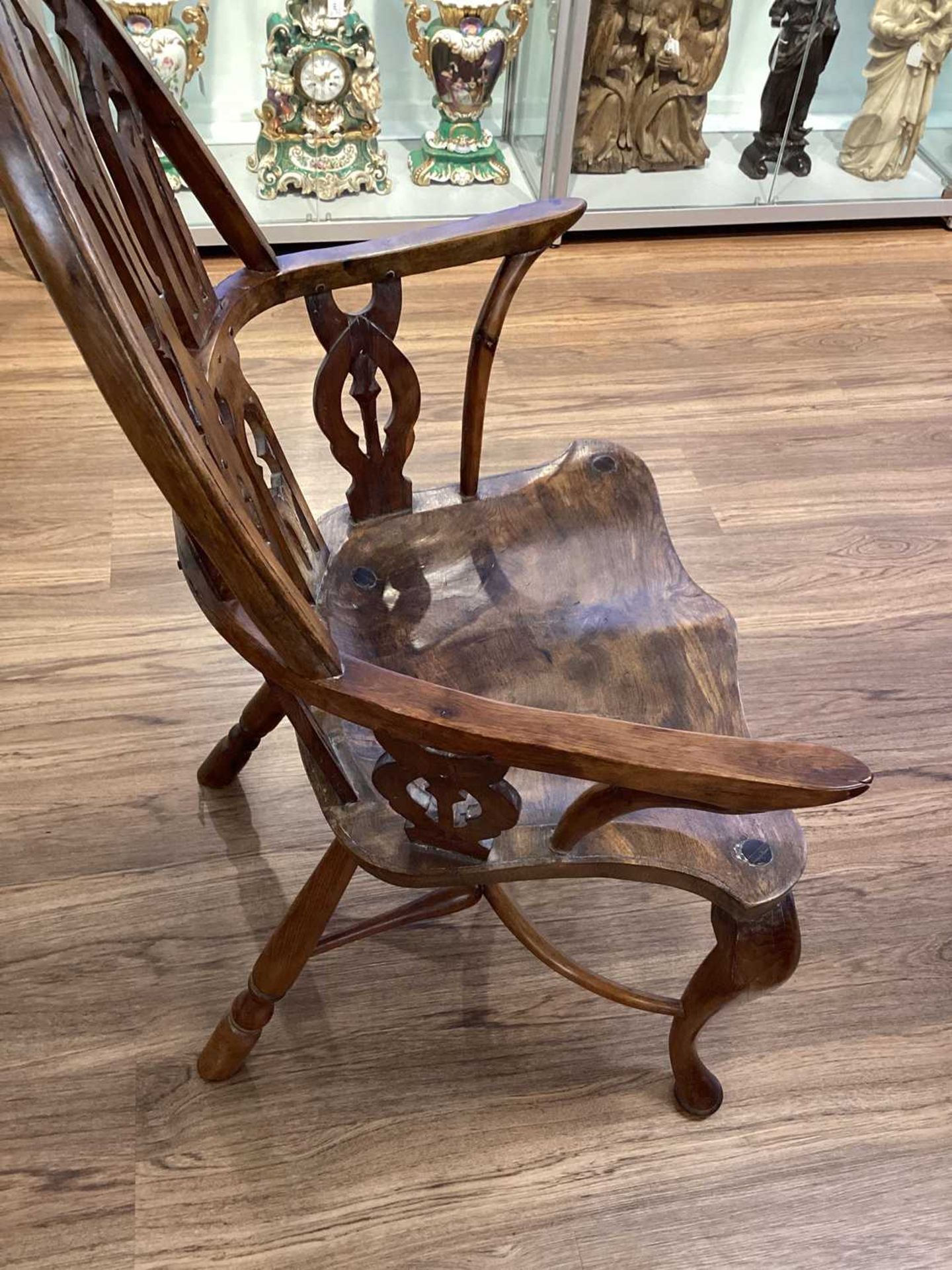 Four 18th-century style Gothic Windsor yew armchairs, probably 19th century, on cabriole front - Image 7 of 9