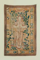 A 17th-century Flemish tapestry fragment panel, depicting an angel amongst floral motifs, 79 cm x 50
