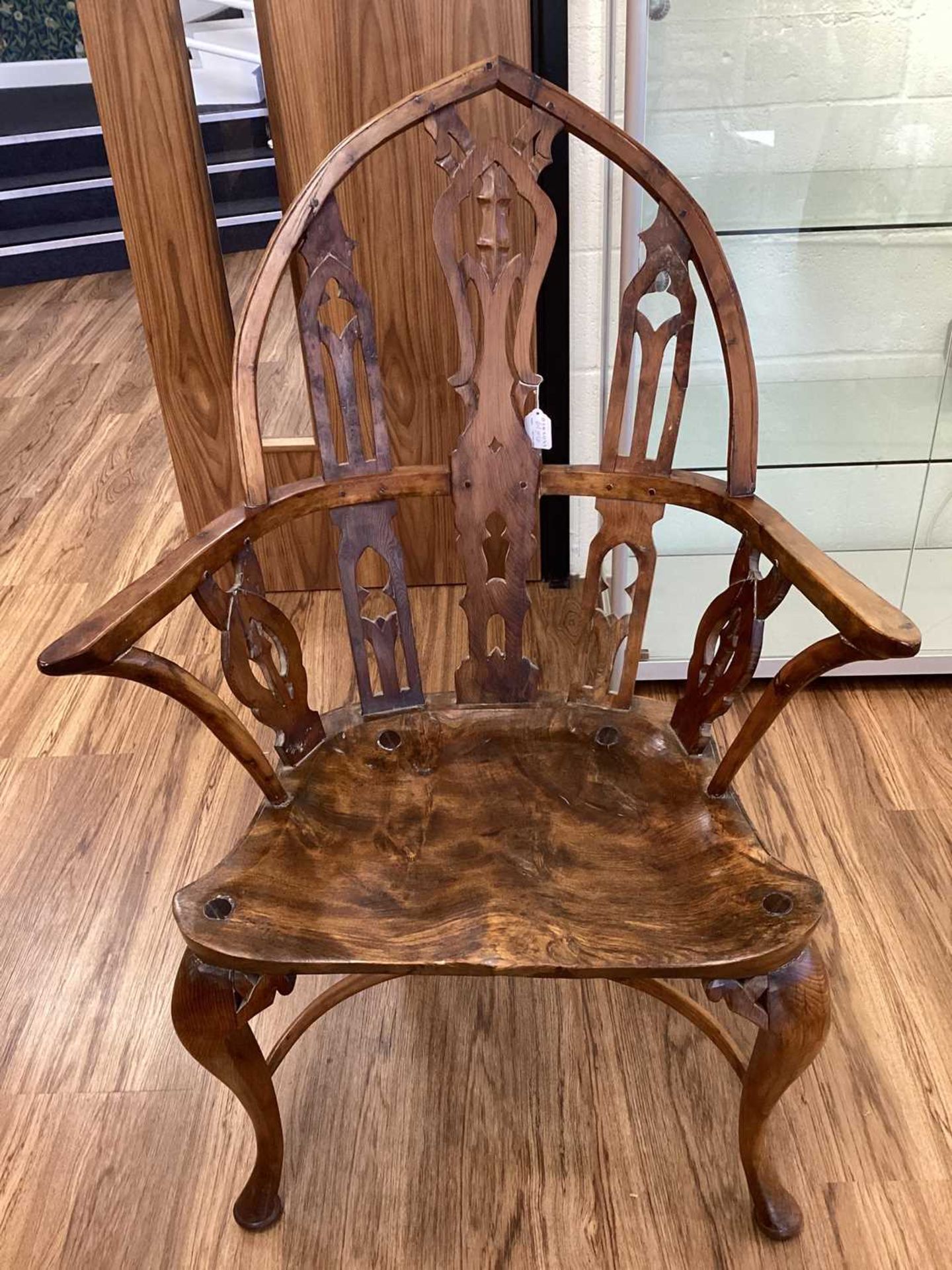 Four 18th-century style Gothic Windsor yew armchairs, probably 19th century, on cabriole front - Image 4 of 9