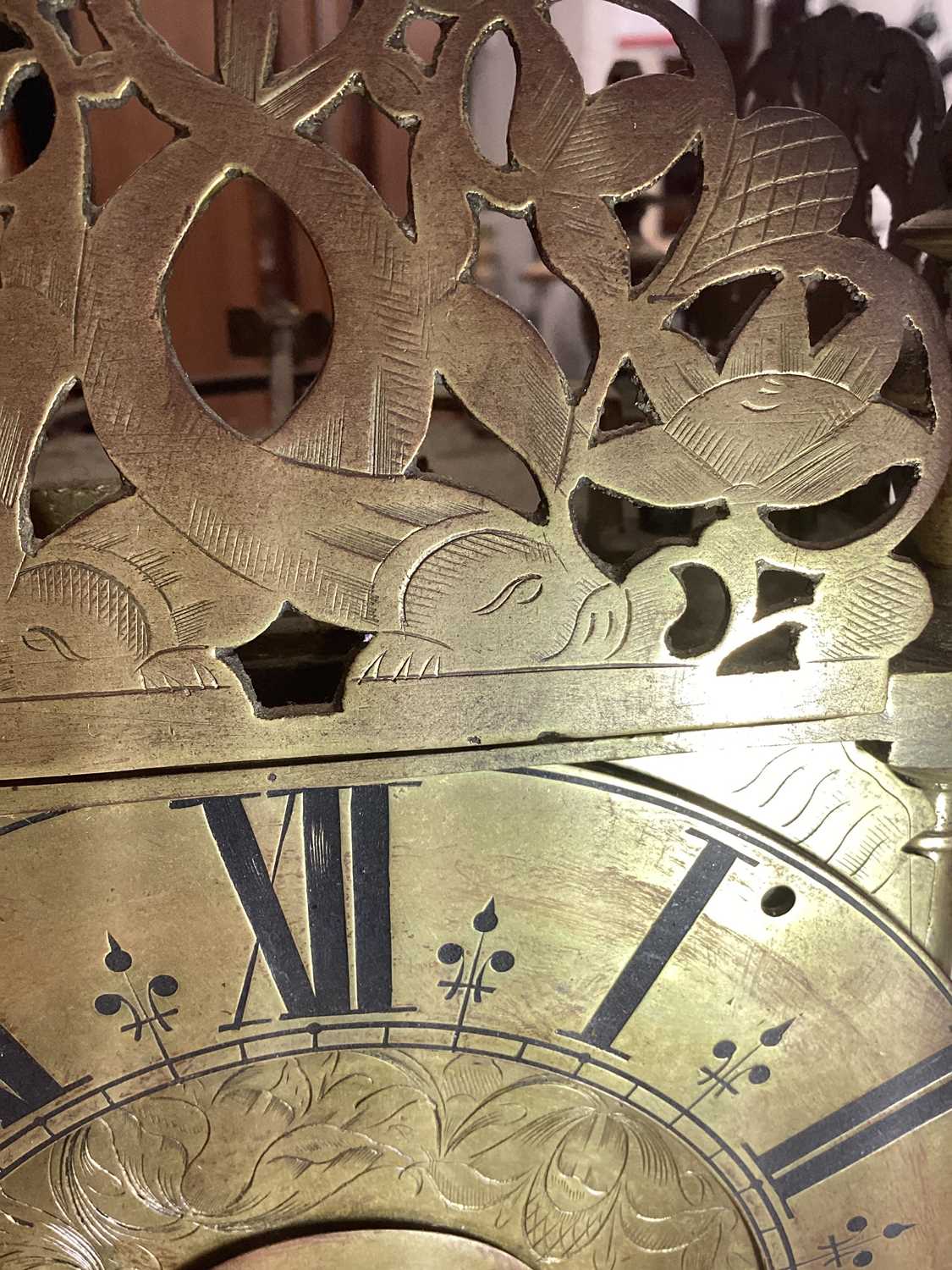 A late 17th century brass lantern clock, unsigned, the strapped bell over acorn finials, dolphin - Image 16 of 23