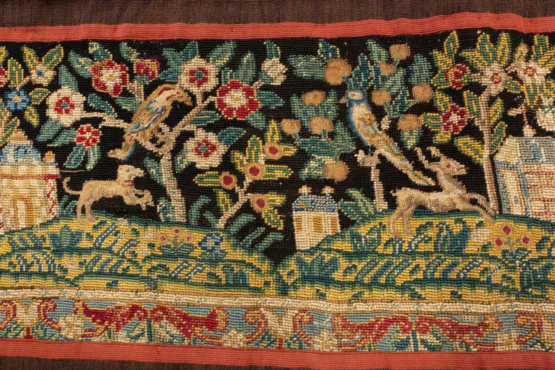 A needlework runner, possibly 18th century and later, the scene in petite and gross point, 120 cm - Image 5 of 11