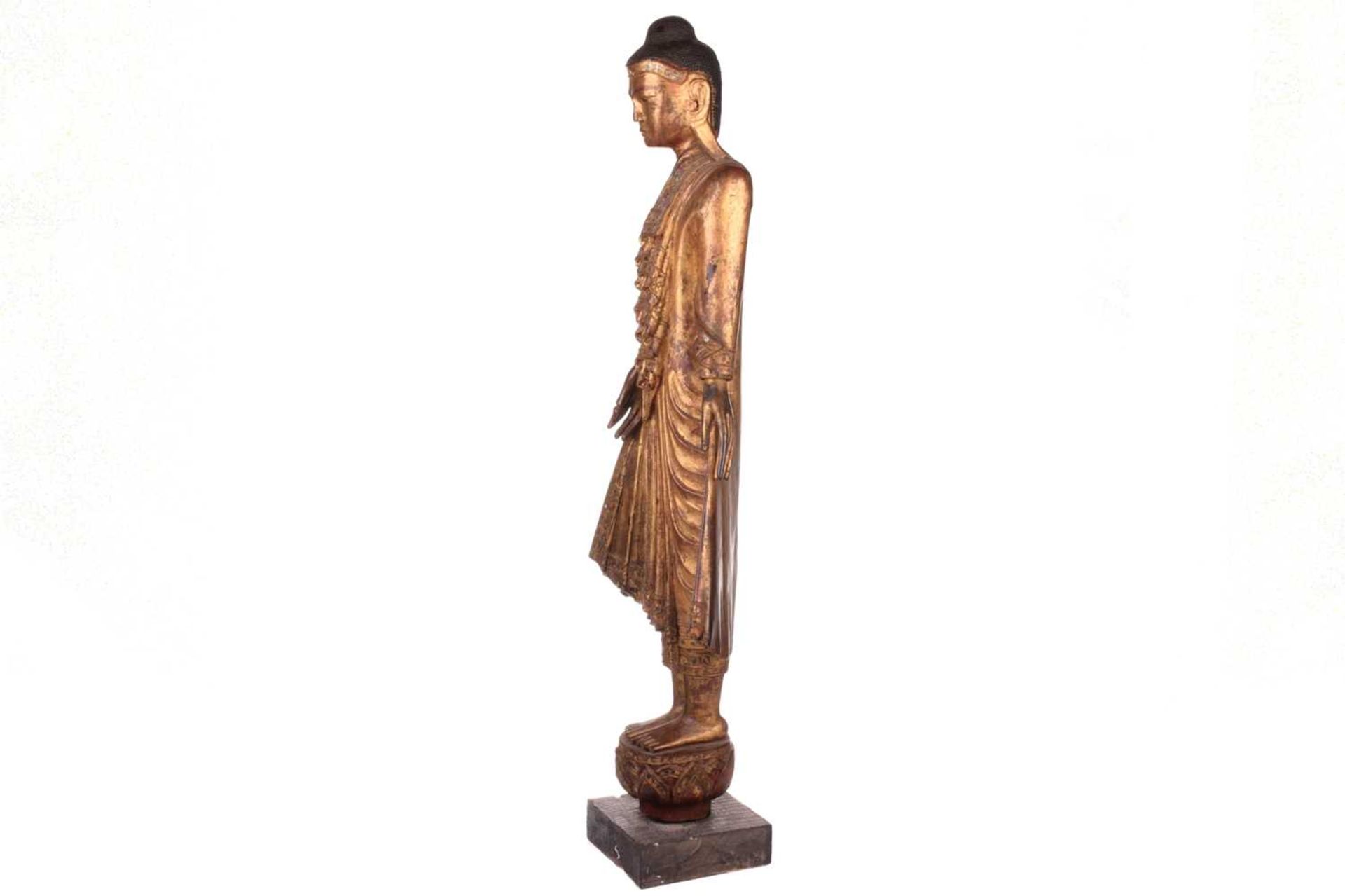A Burmese carved and gilt wood standing Buddha in varada mudra, 19th century, set with jewels and - Image 5 of 9