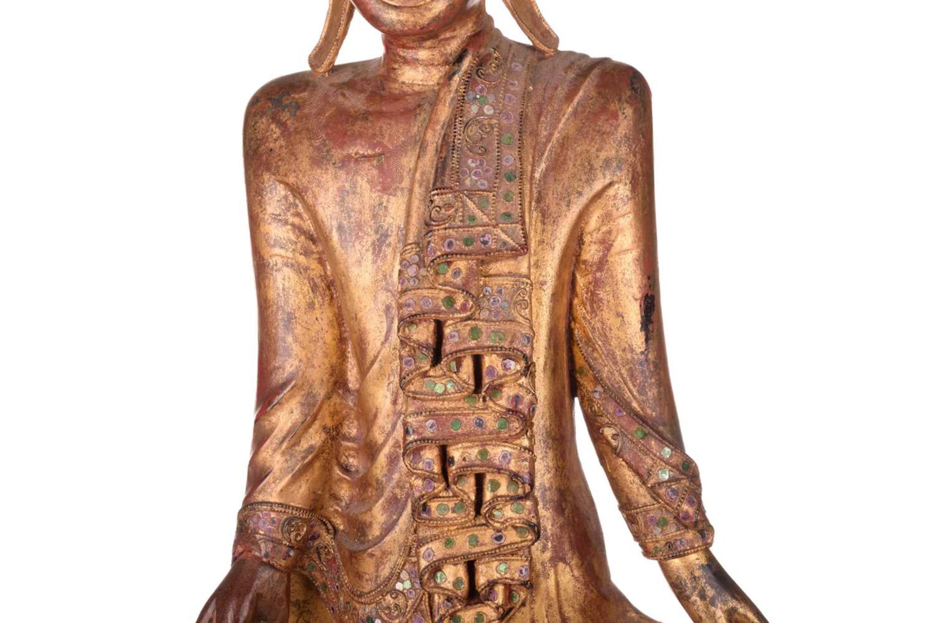 A Burmese carved and gilt wood standing Buddha in varada mudra, 19th century, set with jewels and - Image 3 of 9