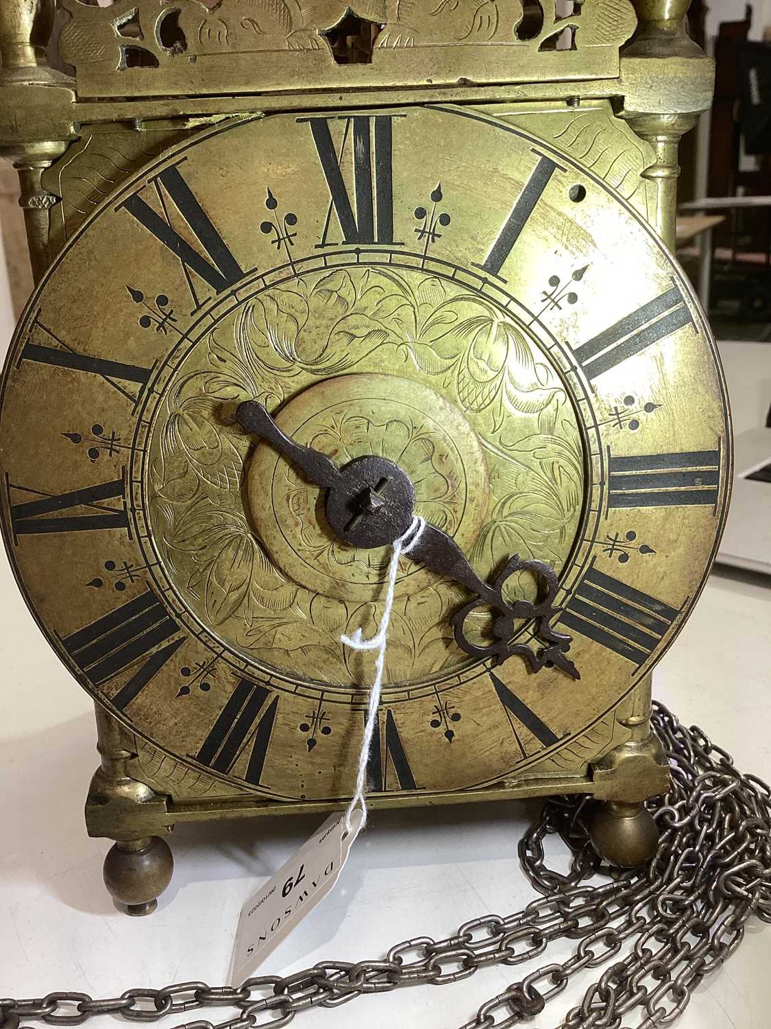 A late 17th century brass lantern clock, unsigned, the strapped bell over acorn finials, dolphin - Image 15 of 23