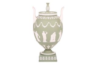 A Wedgwood sage green jasperware ovoid vase urn and cover, mid to late 20th century, with two high