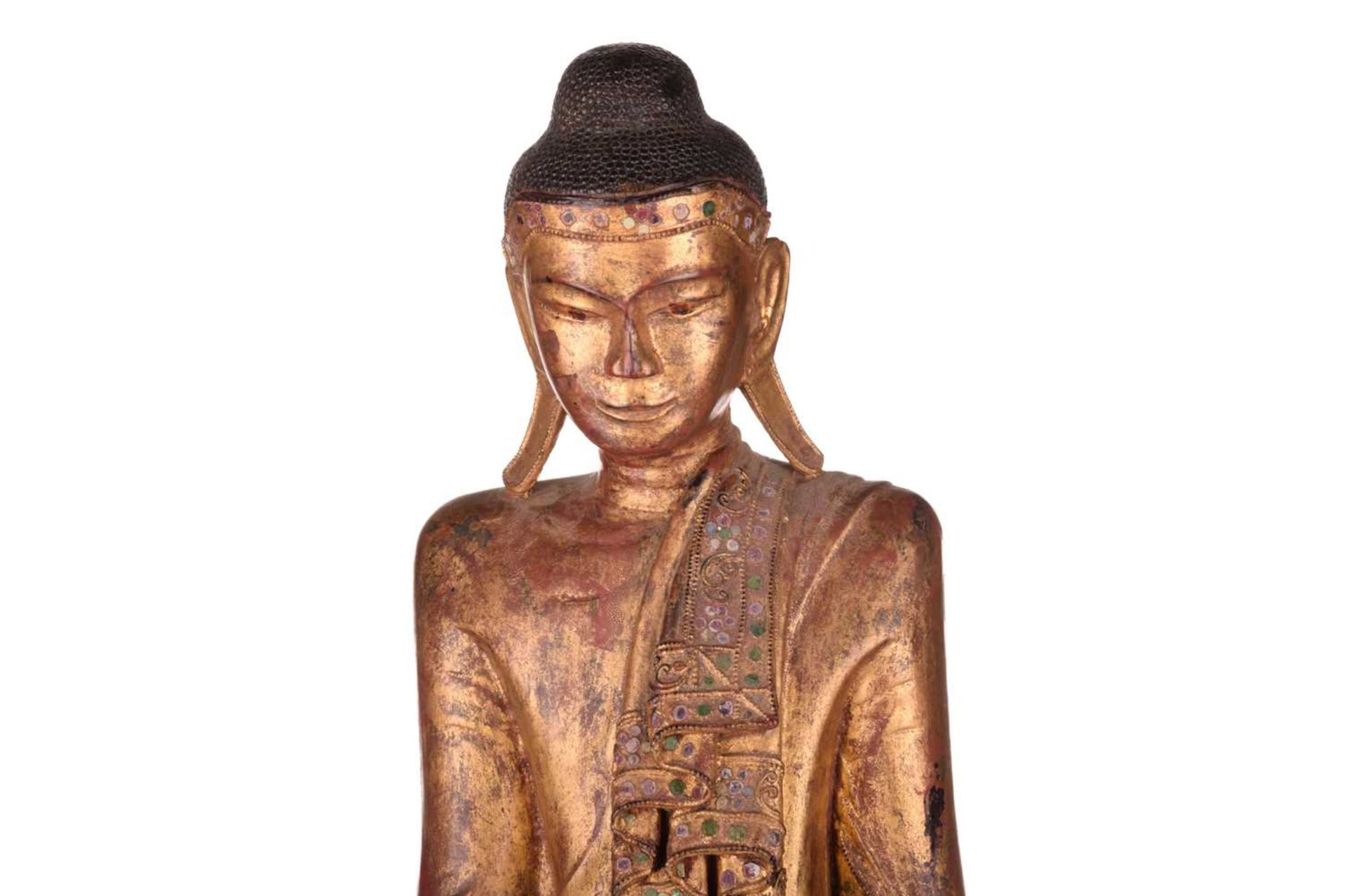 A Burmese carved and gilt wood standing Buddha in varada mudra, 19th century, set with jewels and - Image 2 of 9