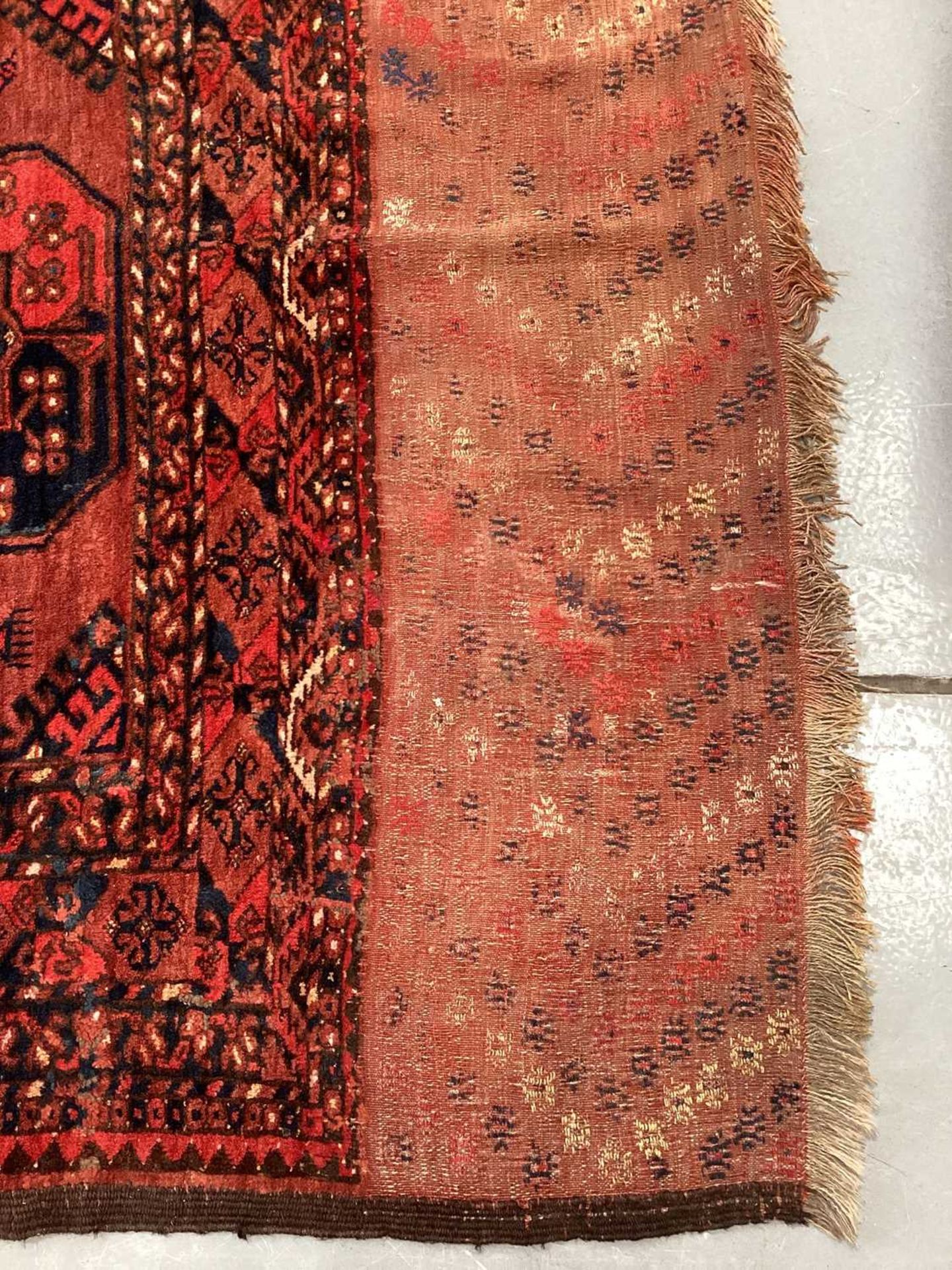 A large antique "Old country house" red ground Afghan carpet, with three rows of elephant foot - Image 5 of 28