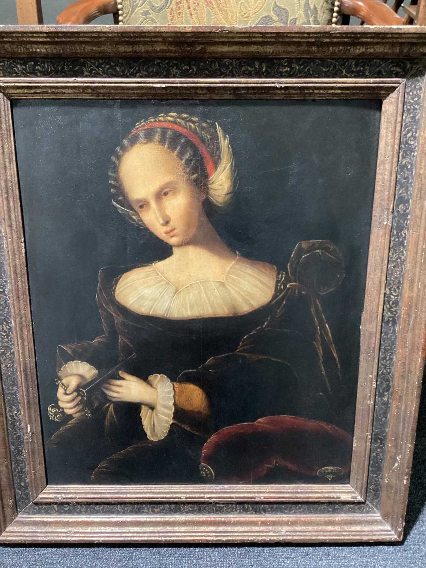 French school, possibly sixteenth century, Lucretia with a dagger, unsigned, oil on panel, 61cm x - Image 14 of 14