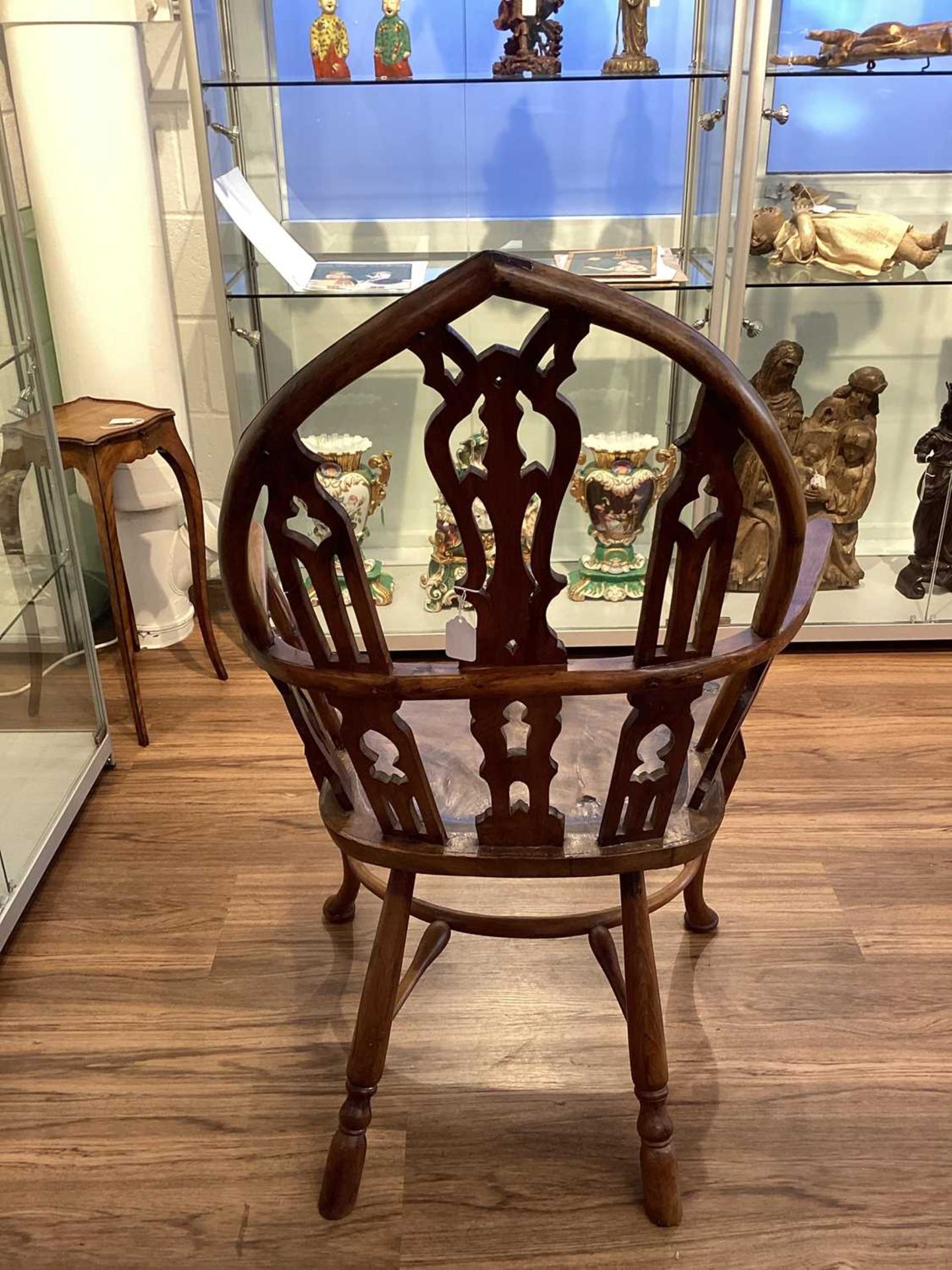 Four 18th-century style Gothic Windsor yew armchairs, probably 19th century, on cabriole front - Image 8 of 9