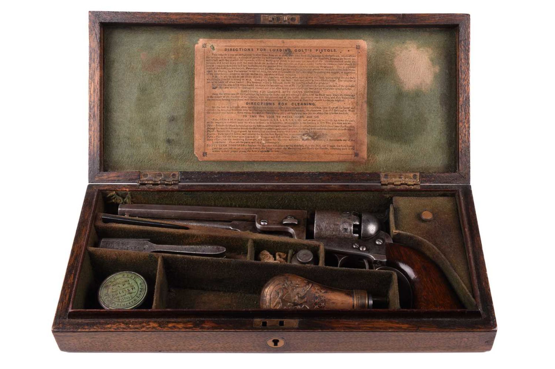 A cased London-made Colt 1851 Navy pattern single action. 36 calibre percussion revolver, serial